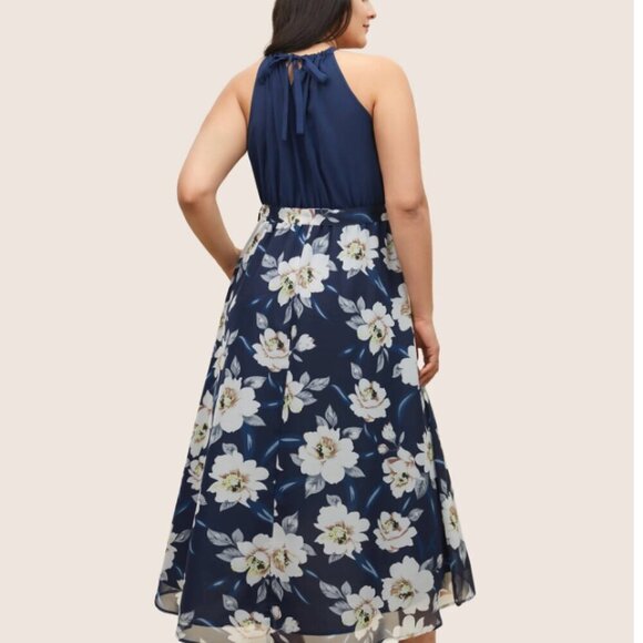BloomChic Plus Size Floral Patchwork Halter Ties High Low Hem Dress - Picture 2 of 5